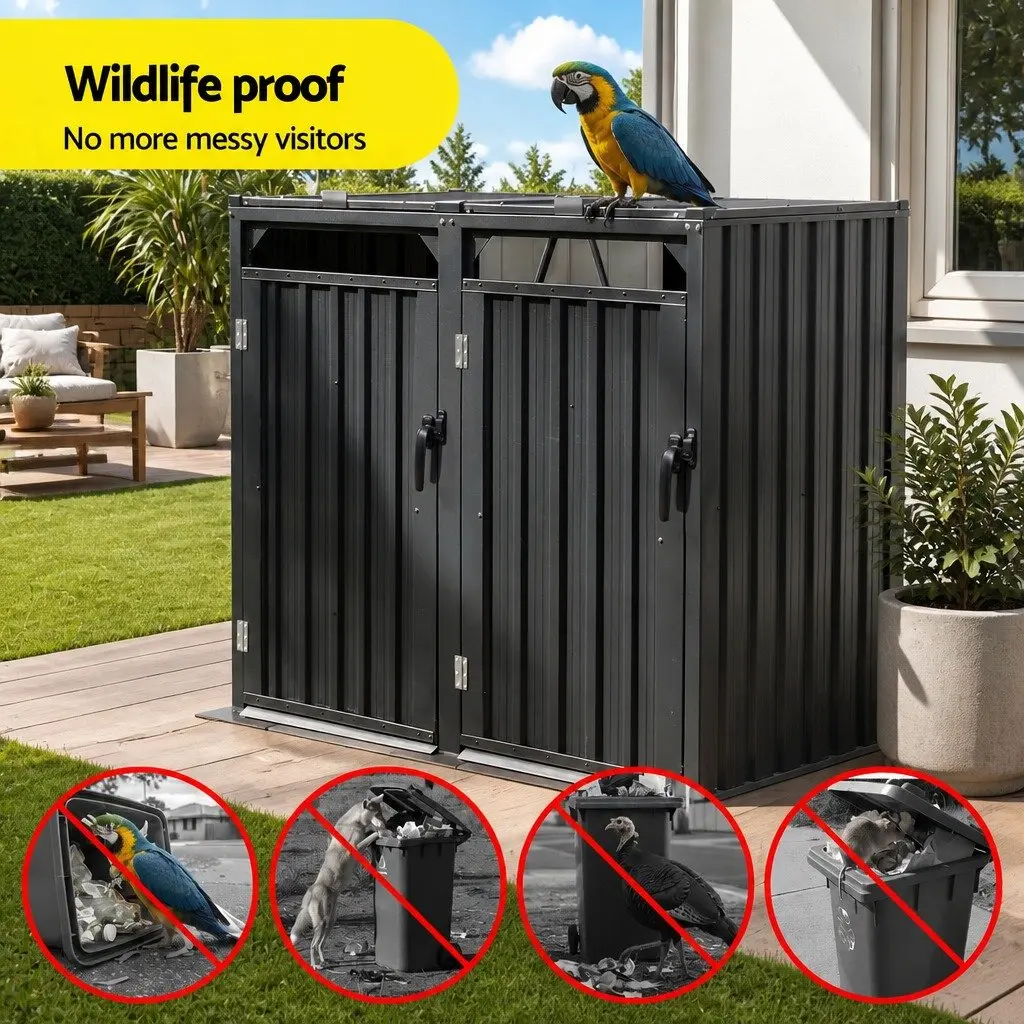 Double Wheelie Bin Storage Shed Grey Steel Lockable Doors