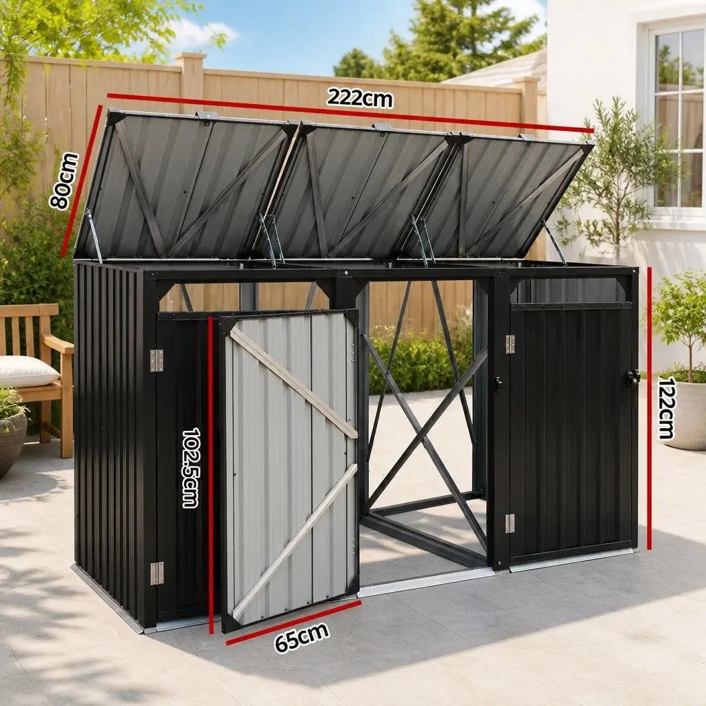 Triple Bin Shed Waste Storage Enclosure Lockable Doors Garden Outdoor Wheelie