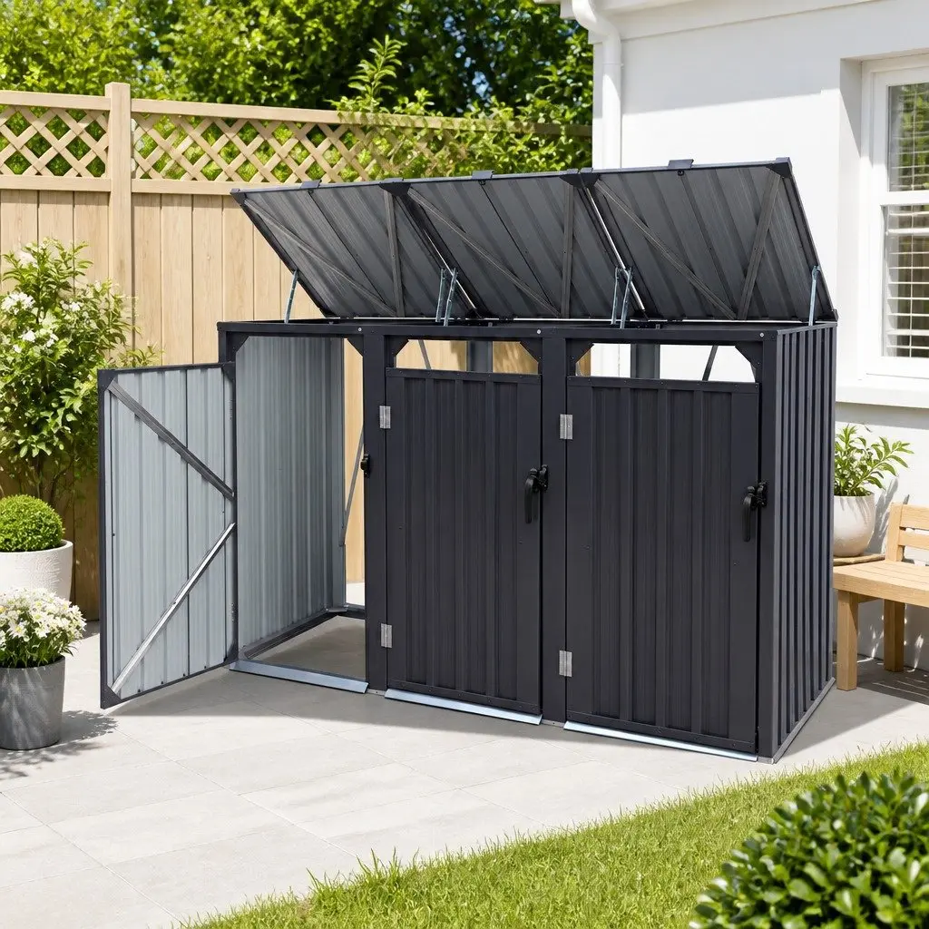 Triple Bin Shed Waste Storage Enclosure Lockable Doors Garden Outdoor Wheelie
