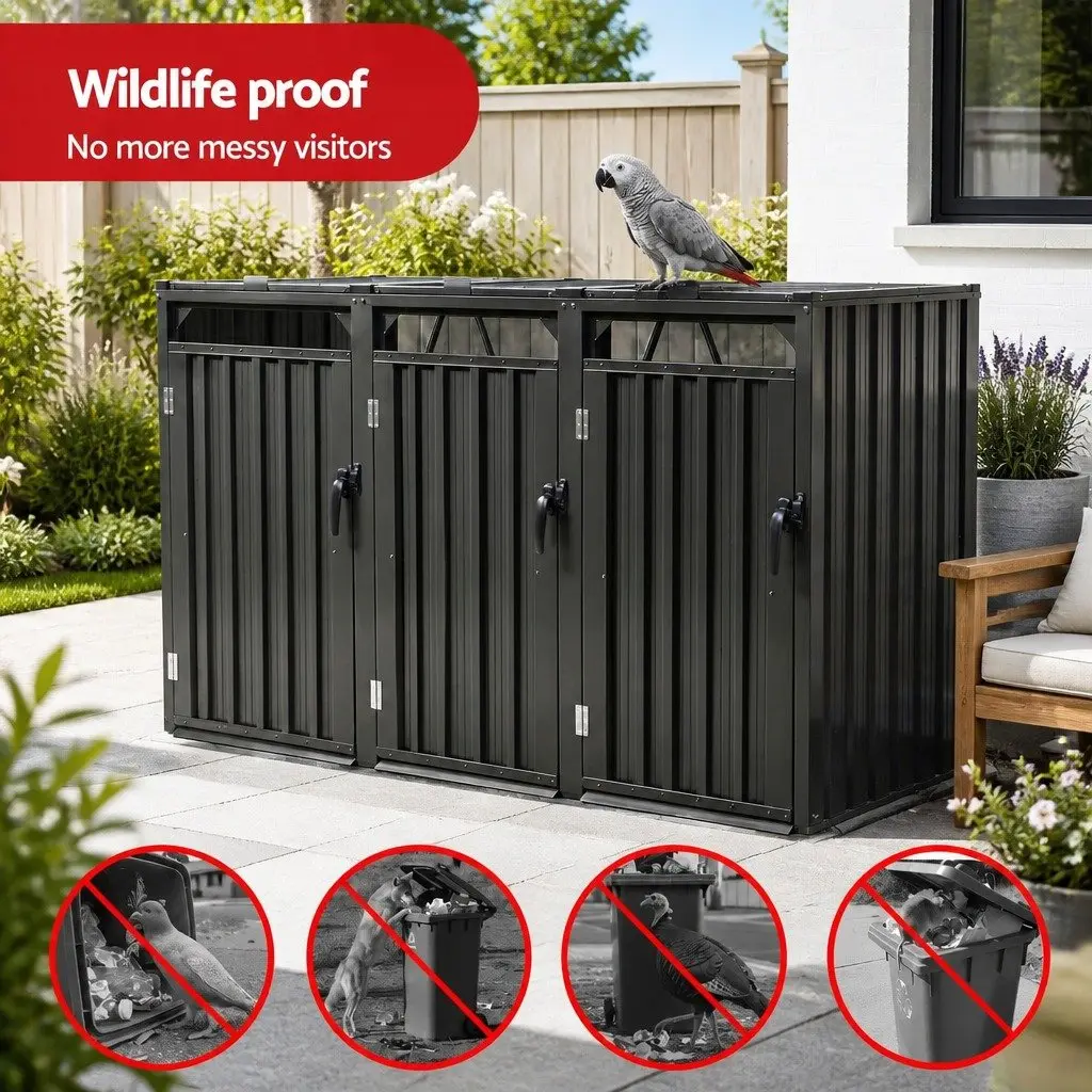 Triple Bin Shed Waste Storage Enclosure Lockable Doors Garden Outdoor Wheelie