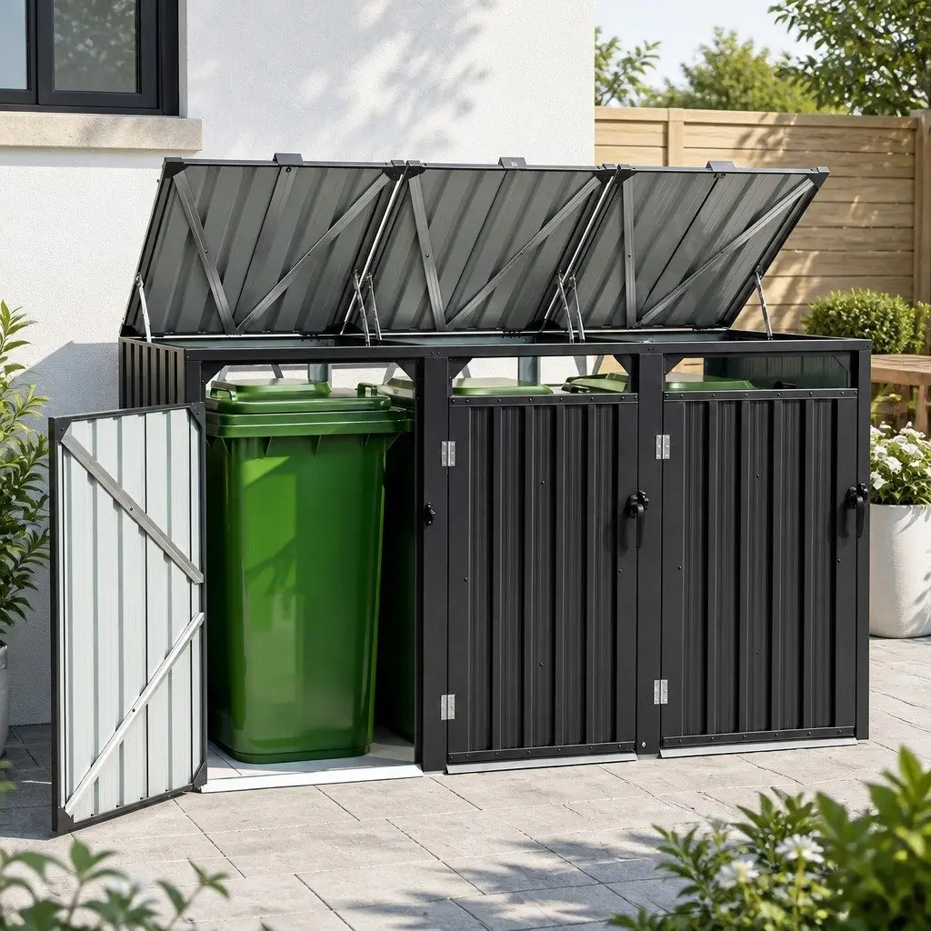 Triple Bin Shed Waste Storage Enclosure Lockable Doors Garden Outdoor Wheelie