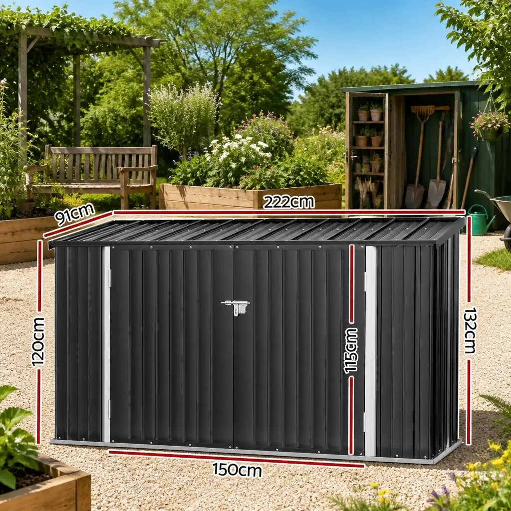 Garden Shed Grey 2.22x0.91M Galvanised Steel Double Door Outdoor Storage