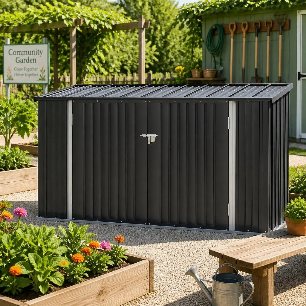 Garden Shed Grey 2.22x0.91M Galvanised Steel Double Door Outdoor Storage
