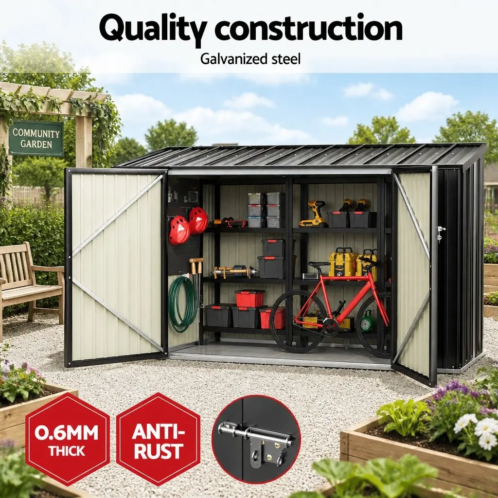 Garden Shed Grey 2.22x0.91M Galvanised Steel Double Door Outdoor Storage
