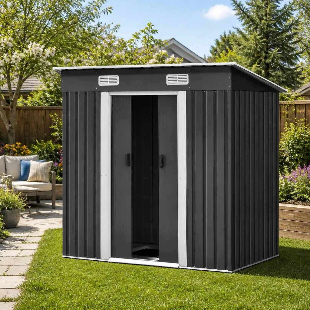 Metal Garden Shed Black 1.94x1.21M Outdoor Storage Tool House with Sliding Doors and Steel Base Frame