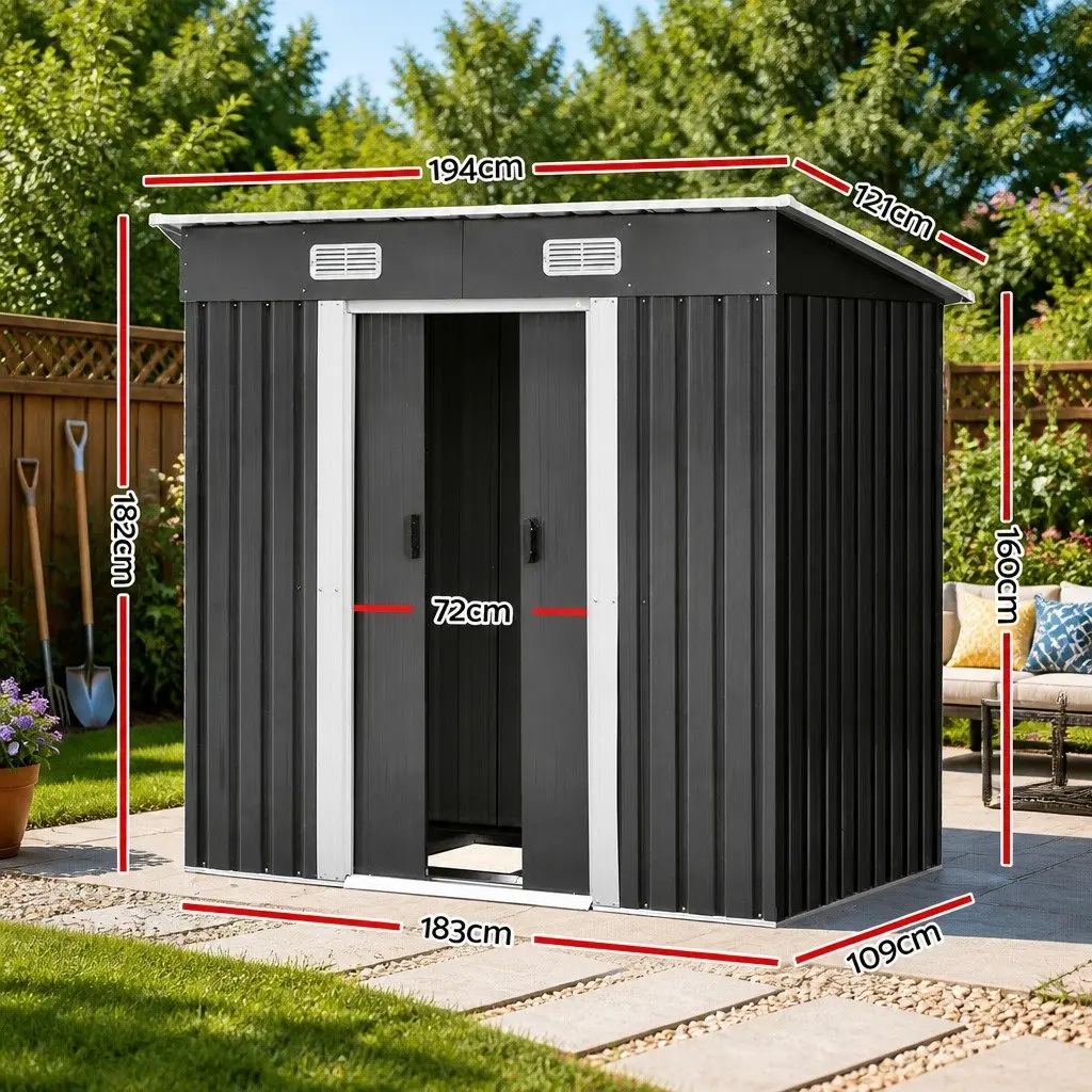 Metal Garden Shed Black 1.94x1.21M Outdoor Storage Tool House with Sliding Doors and Steel Base Frame