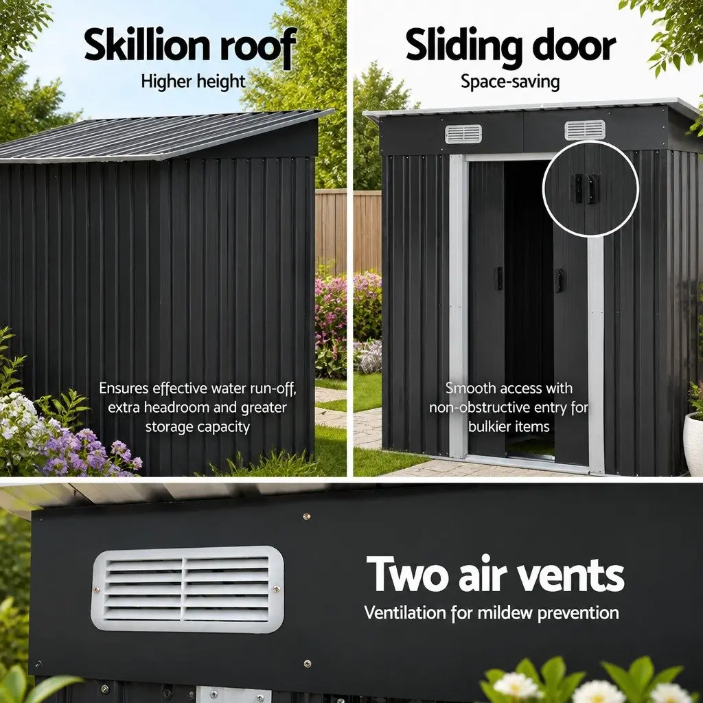 Metal Garden Shed Black 1.94x1.21M Outdoor Storage Tool House with Sliding Doors and Steel Base Frame