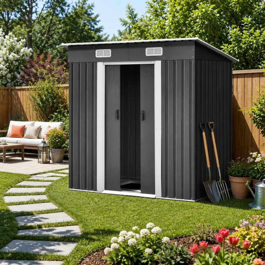 Metal Garden Shed Black 1.94x1.21M Outdoor Storage Tool House with Sliding Doors and Steel Base Frame