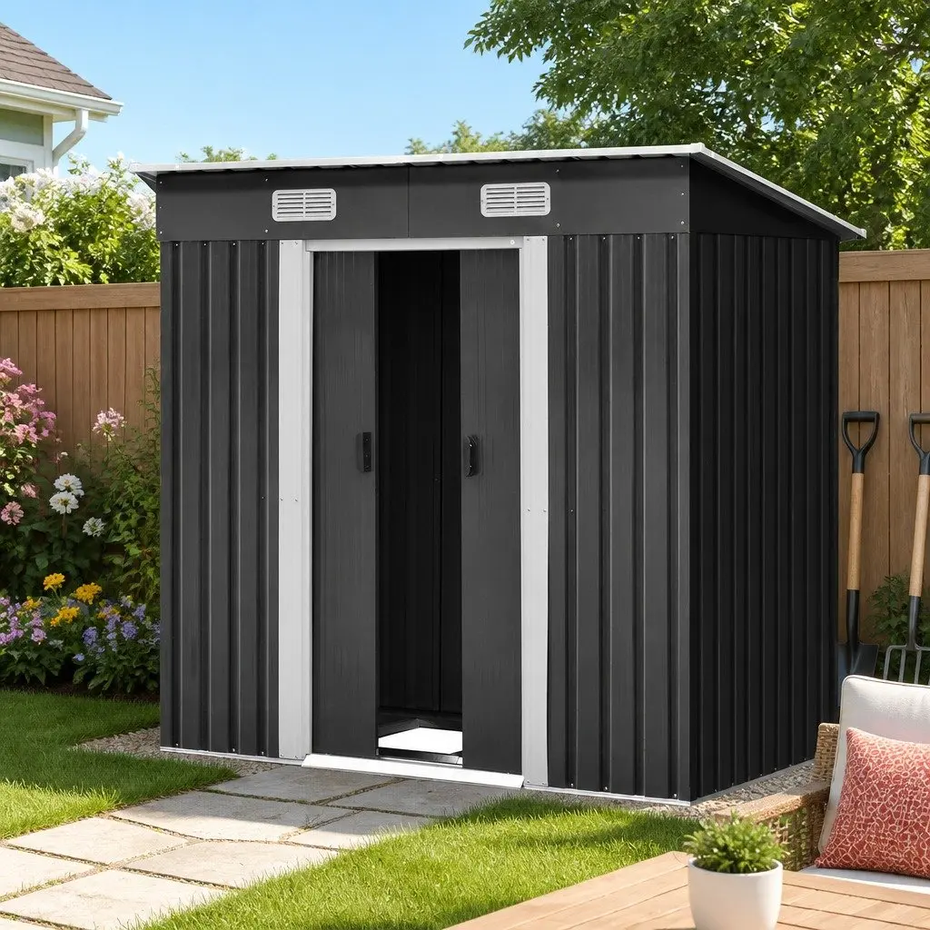 Metal Garden Shed Black 1.94x1.21M Outdoor Storage Tool House with Sliding Doors and Steel Base Frame