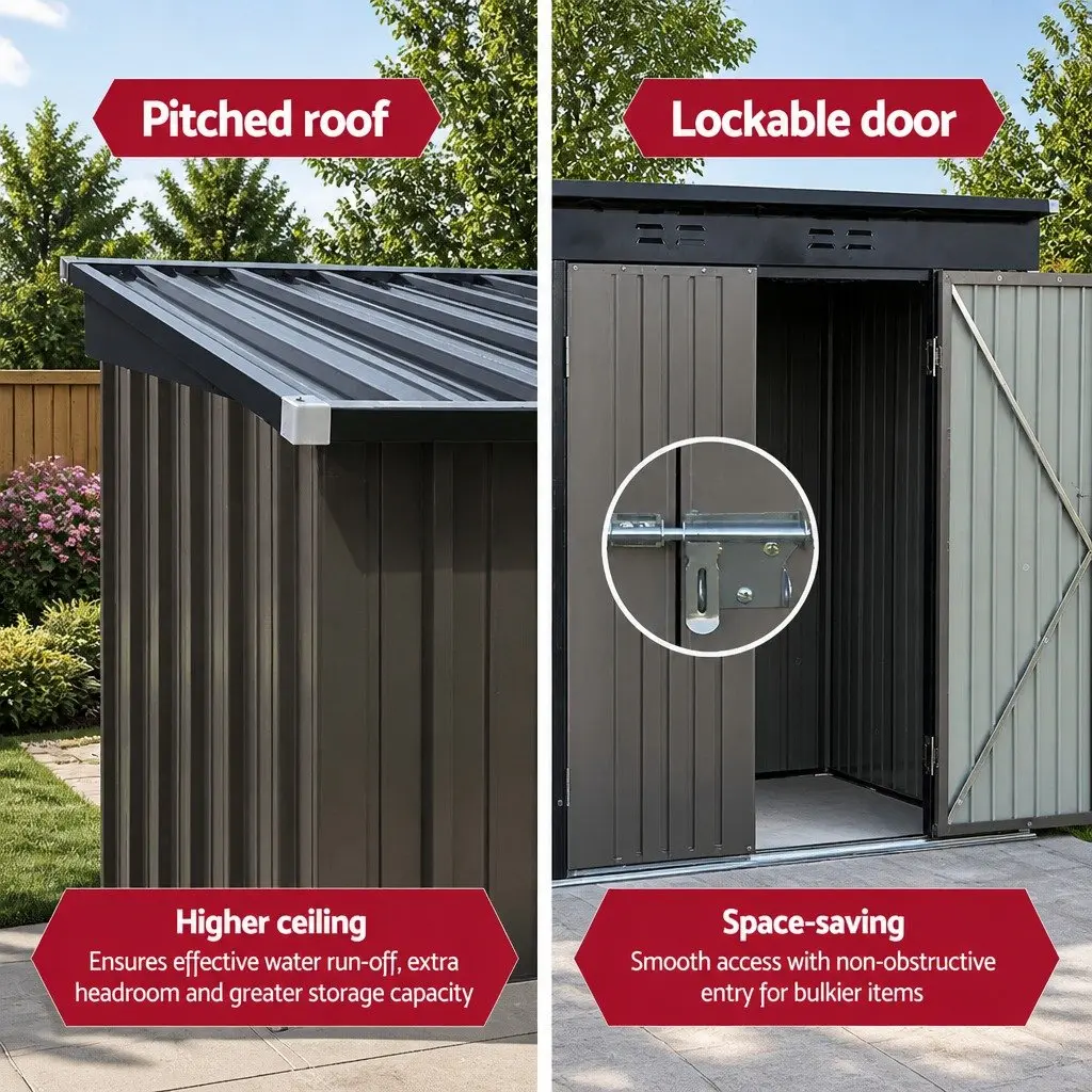 Garden Shed Grey 1.95x1.31M Outdoor Storage Steel Workshop Double Door Tool House