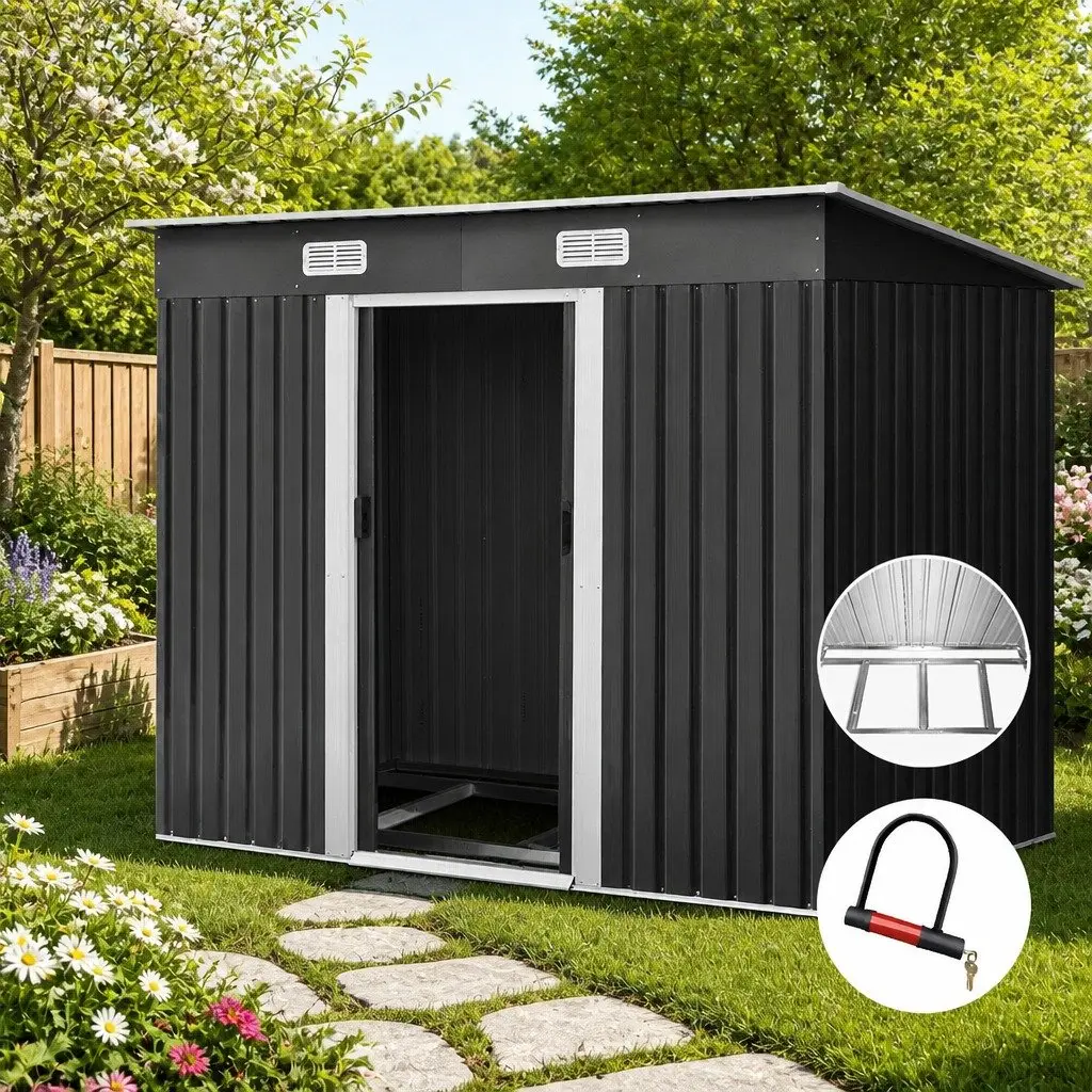 Garden Shed Grey 238x131x182cm Galvanized Steel Outdoor Storage Sliding Door Metal