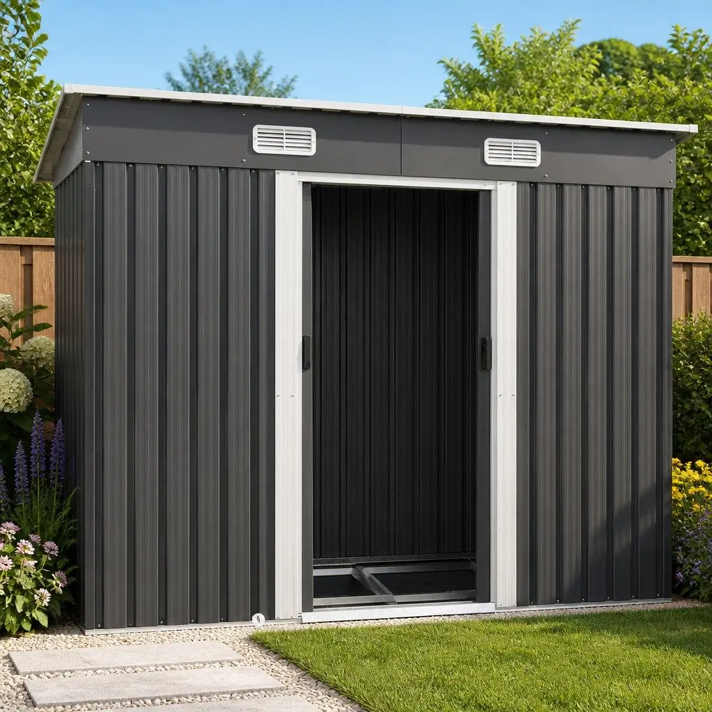 Garden Shed Grey 238x131x182cm Galvanized Steel Outdoor Storage Sliding Door Metal