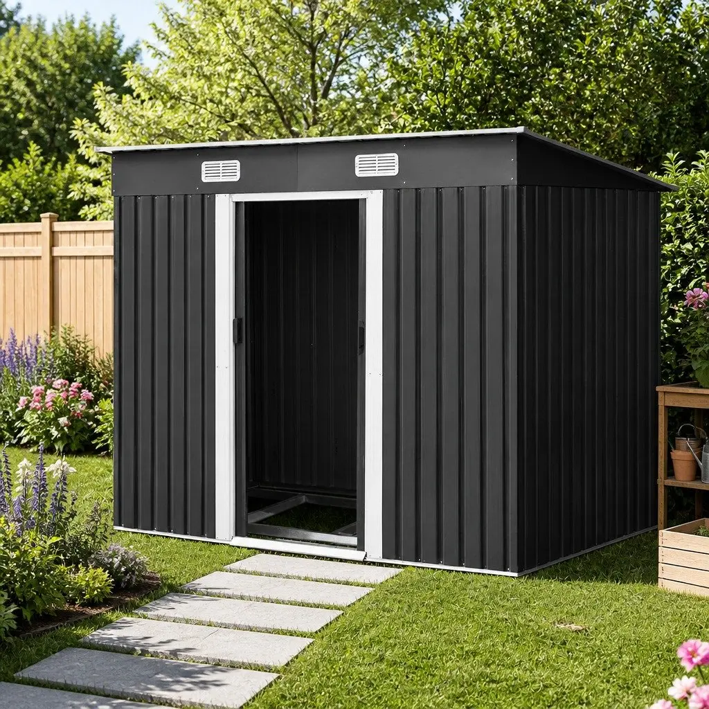 Garden Shed Grey 238x131x182cm Galvanized Steel Outdoor Storage Sliding Door Metal