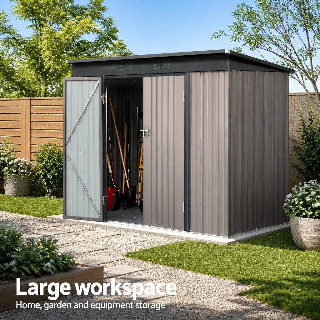 Garden Shed Brown 2.31x1.31M Metal Outdoor Storage Shelter Double Door