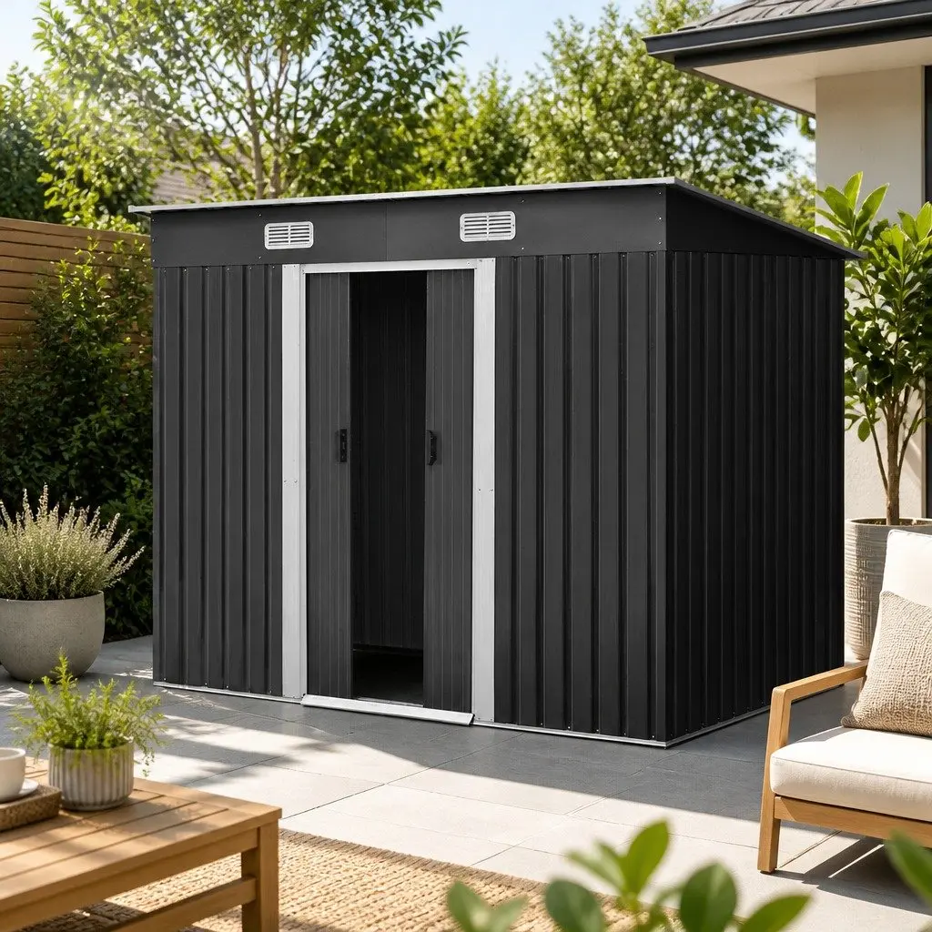 Garden Shed Grey 2.38x1.31M Metal Storage Outdoor Tool Workshop Shelter Sliding Doors
