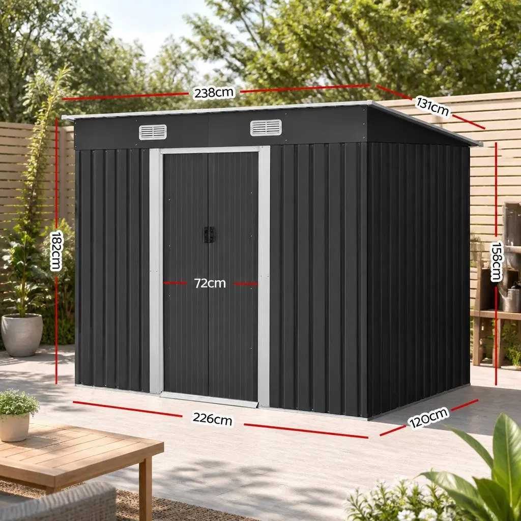 Garden Shed Grey 2.38x1.31M Metal Storage Outdoor Tool Workshop Shelter Sliding Doors
