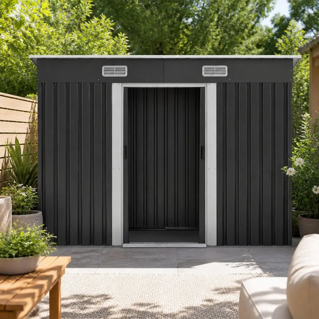 Garden Shed Grey 2.38x1.31M Metal Storage Outdoor Tool Workshop Shelter Sliding Doors