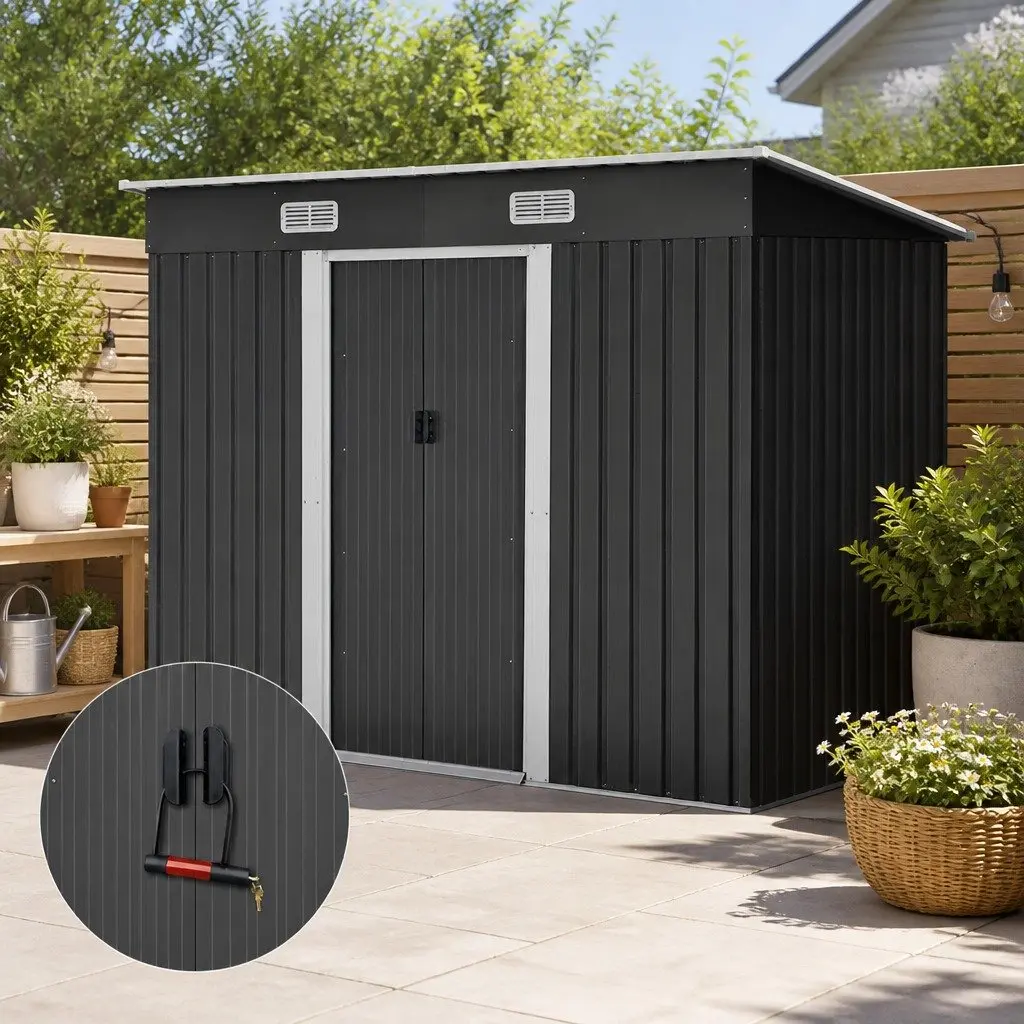 Garden Shed Grey 2.38x1.31M Metal Storage Outdoor Tool Workshop Shelter Sliding Doors