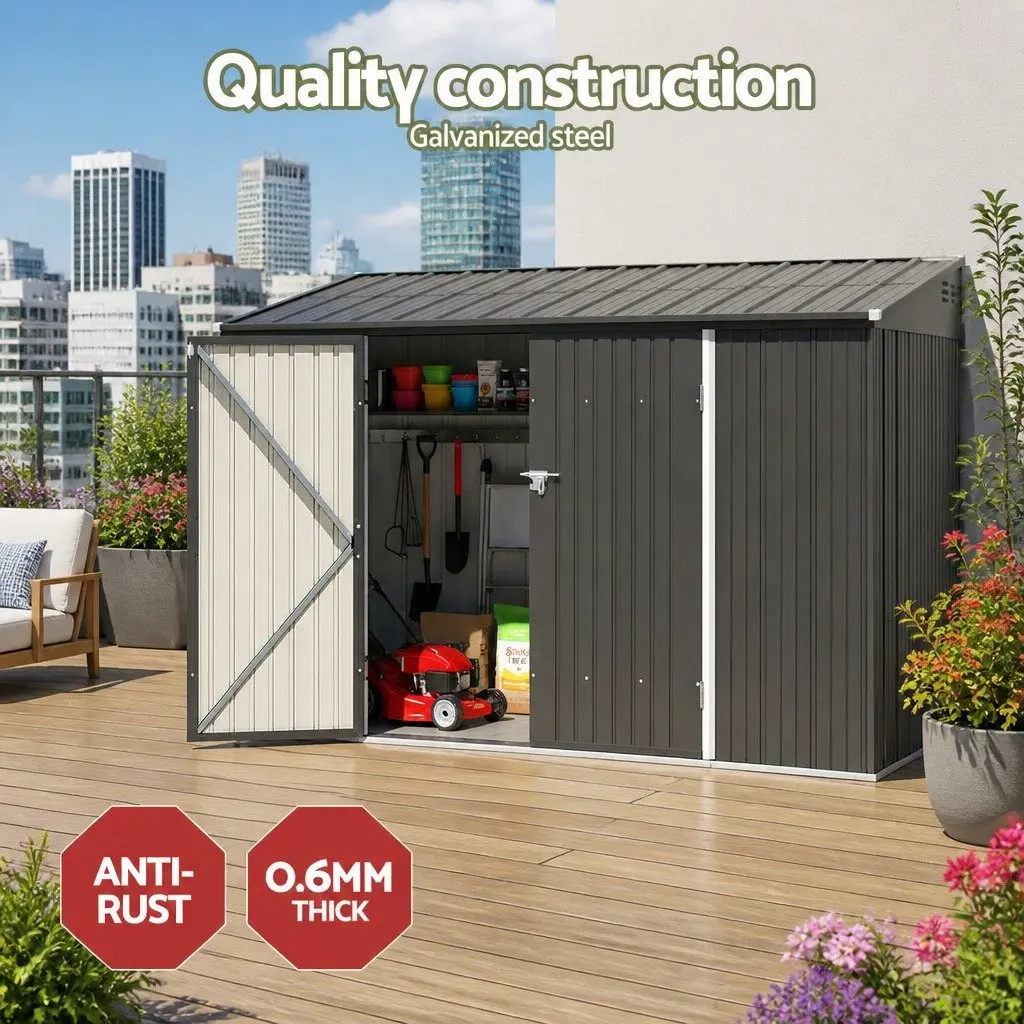 Garden Shed Light Grey 3.05x1.5M Galvanised Steel Outdoor Storage Workshop with Lockable Double Doors