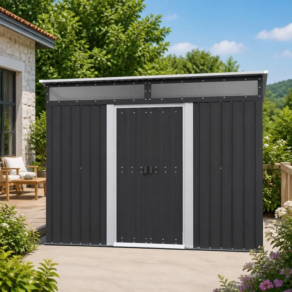 Garden Shed Black 2.60x1.95M Galvanised Steel Construction with Sloped Roof and UV-Protecting Panels