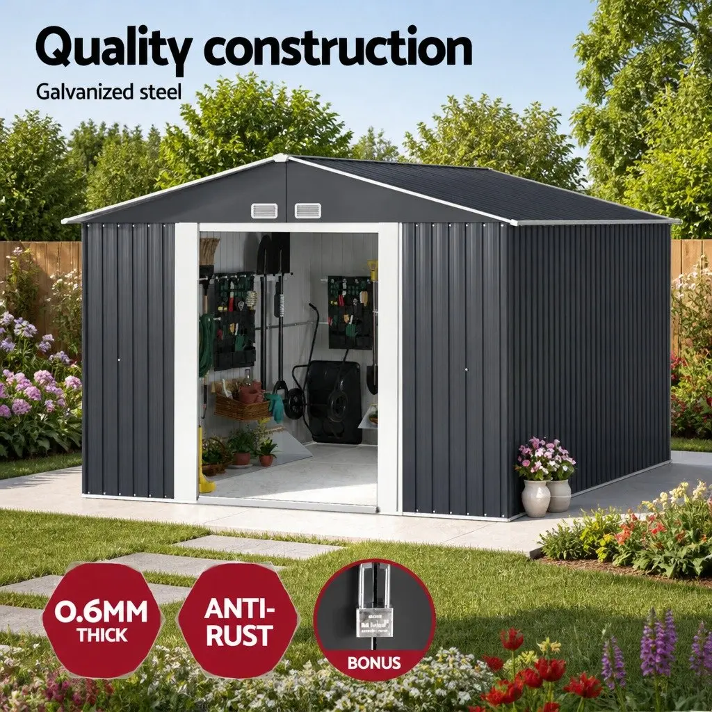 Garden Shed Grey 3x3M Outdoor Storage Tool Workshop with Sloped Roof and Double Sliding Doors