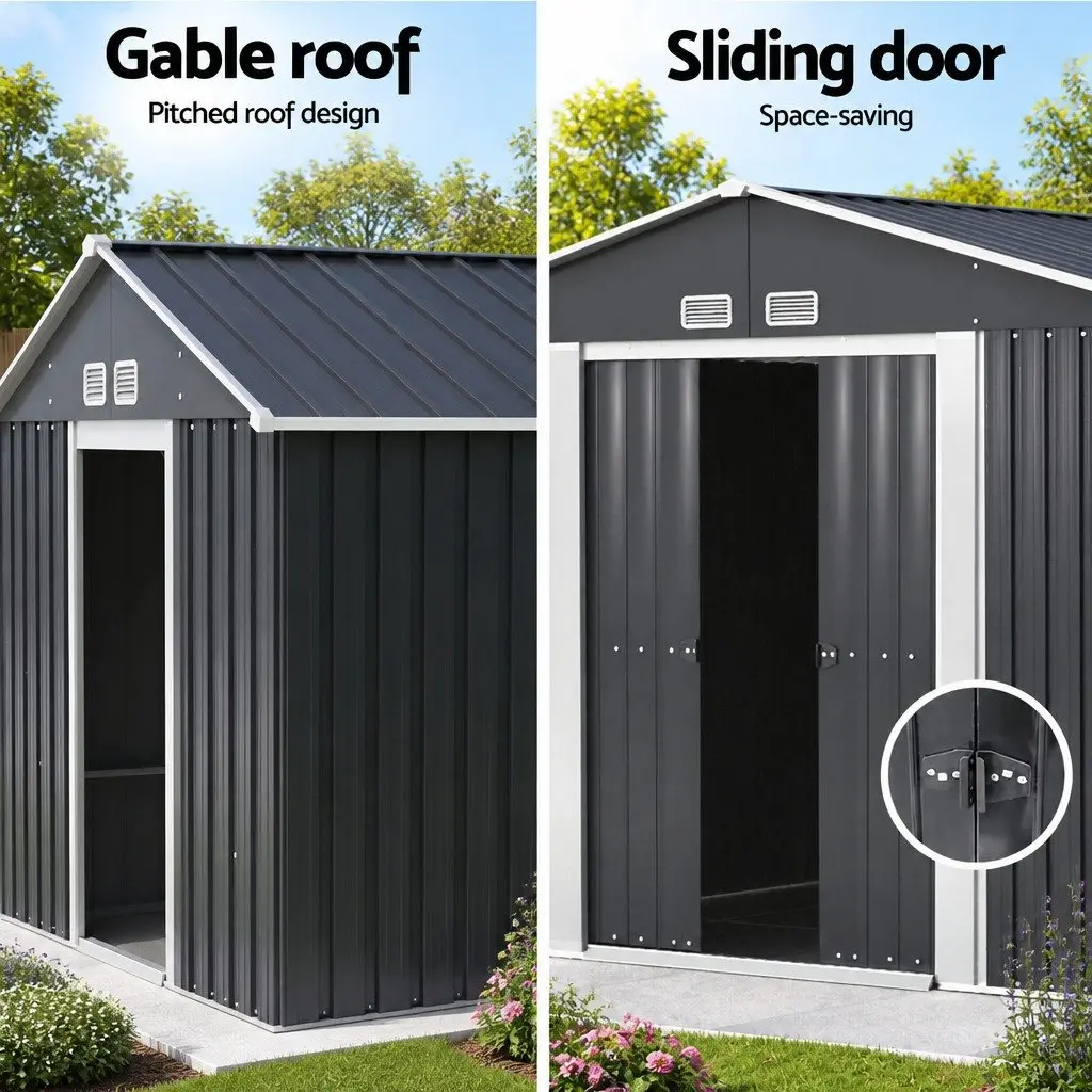 Garden Shed Grey 3x3M Outdoor Storage Tool Workshop with Sloped Roof and Double Sliding Doors