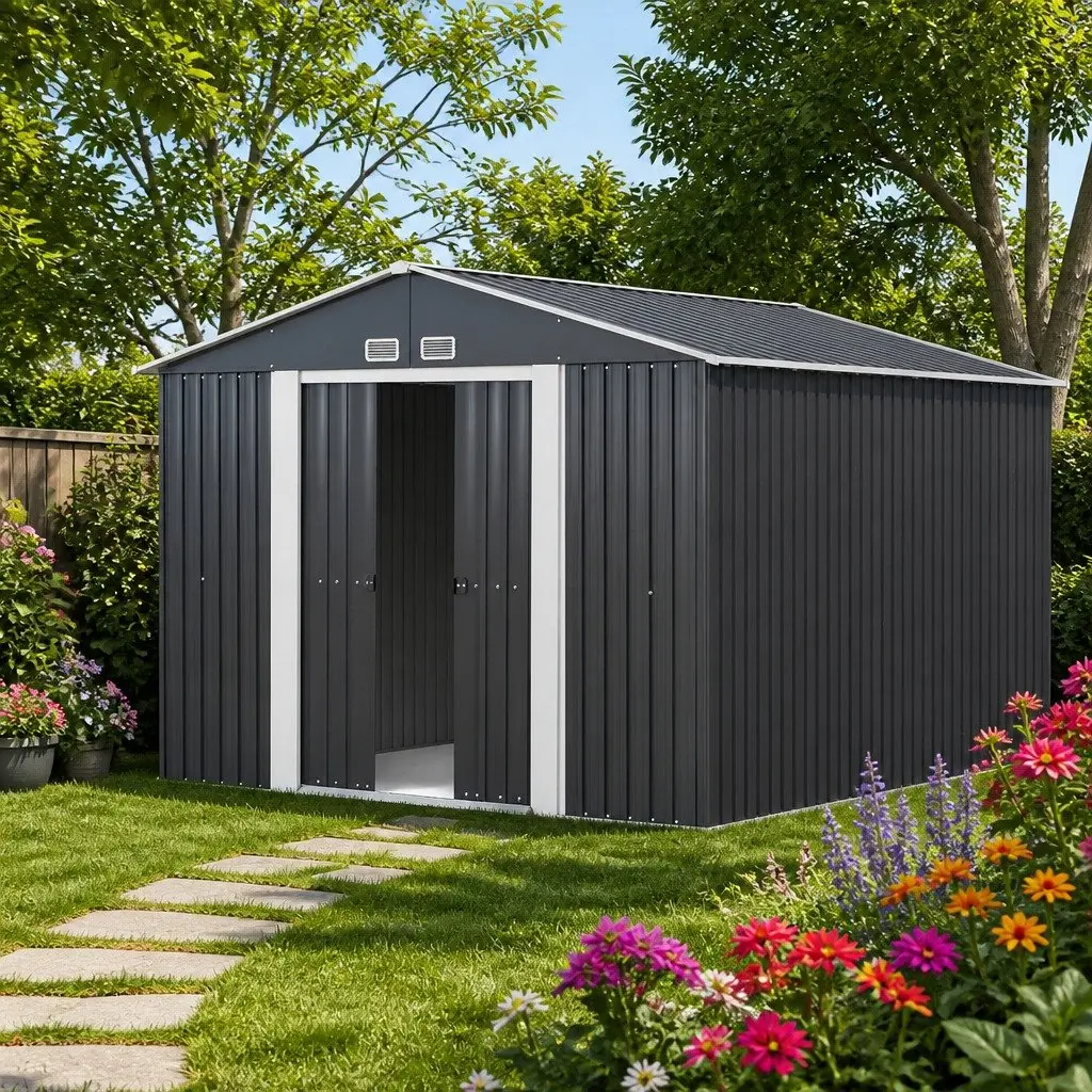 Garden Shed Grey 3x3M Outdoor Storage Tool Workshop with Sloped Roof and Double Sliding Doors