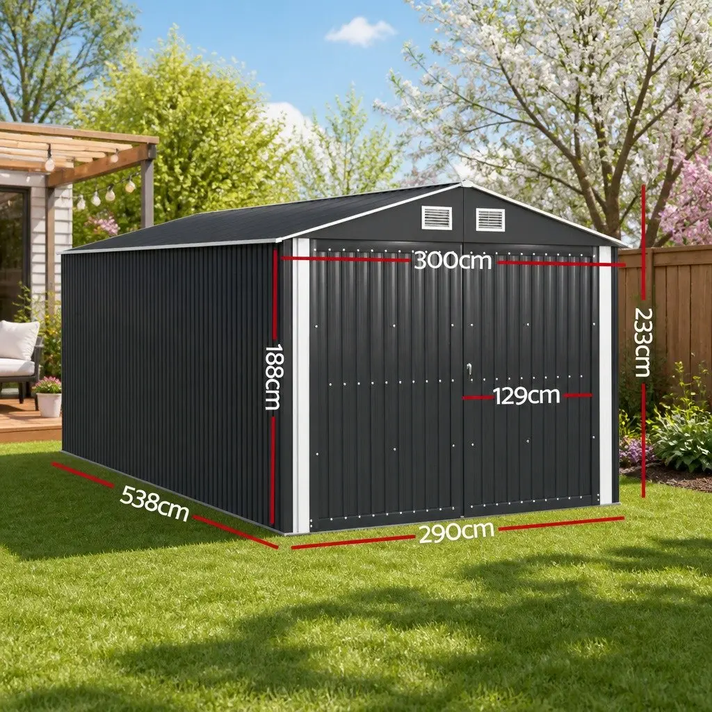 Garden Shed Grey 3x5.38M Steel Outdoor Storage Workshop Tool House