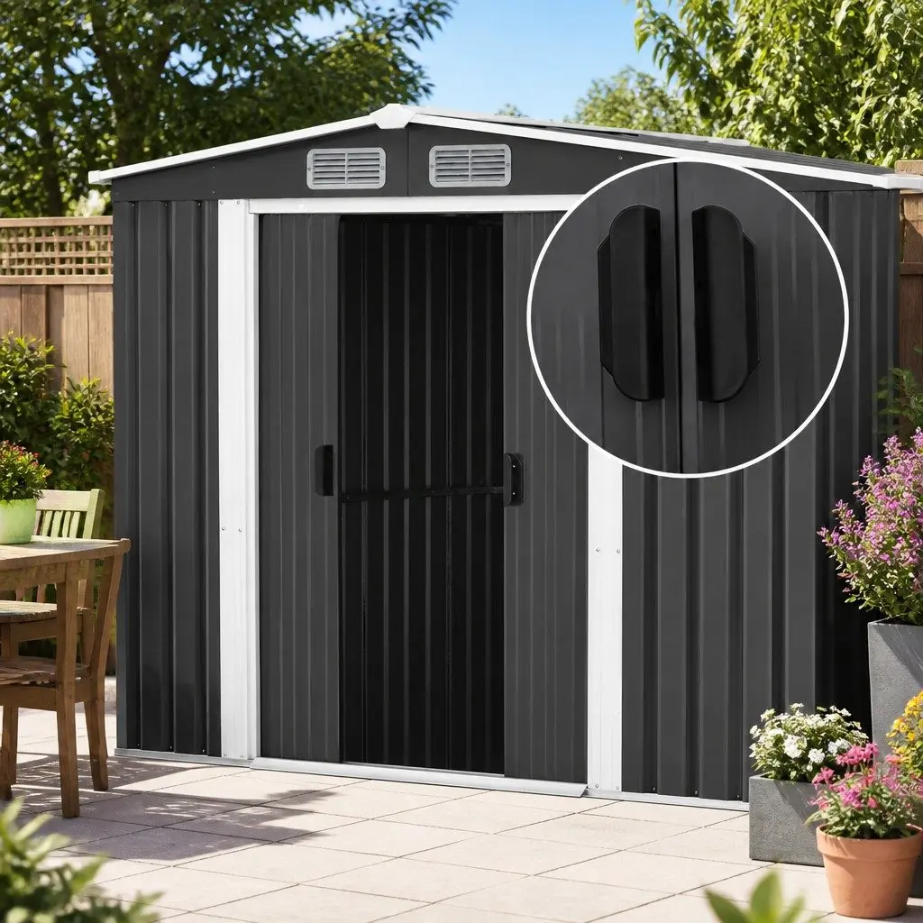 Metal Garden Shed Grey 2.58x3.14M Outdoor Storage Workshop Shelter with Sliding Door