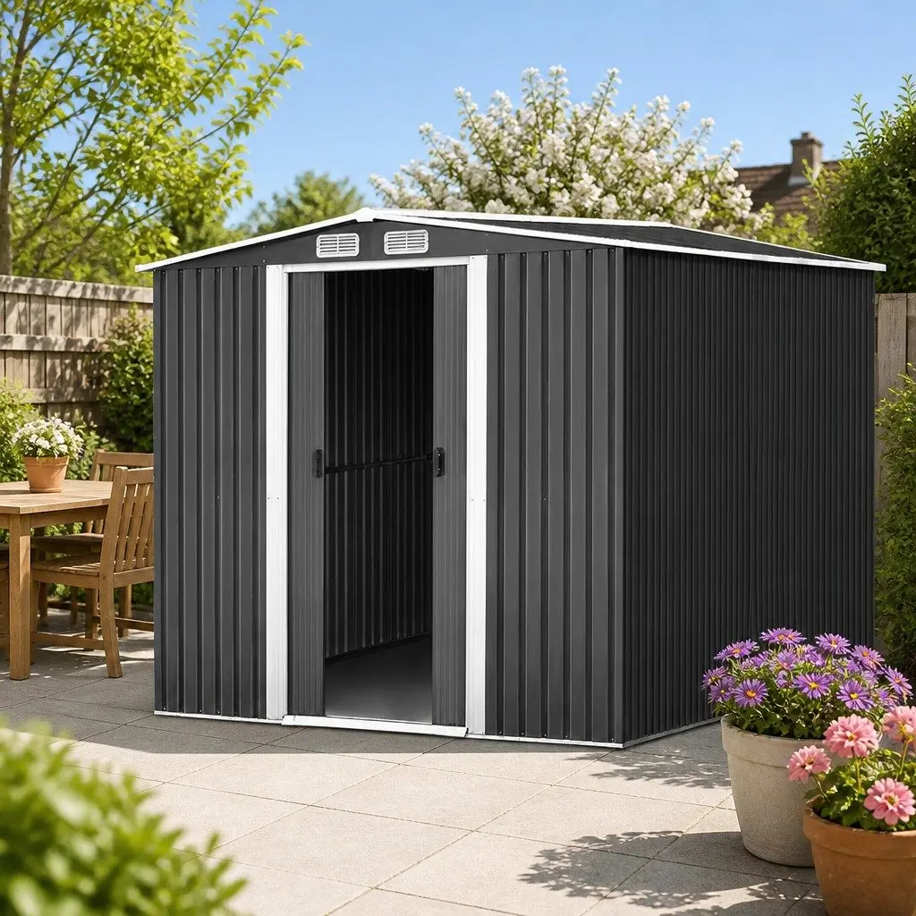 Metal Garden Shed Grey 2.58x3.14M Outdoor Storage Workshop Shelter with Sliding Door