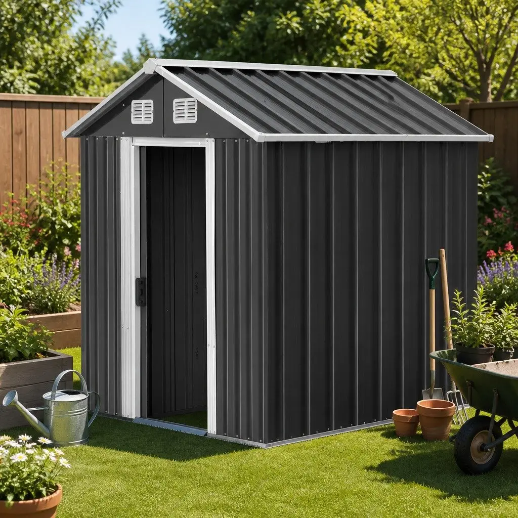 Garden Shed Grey 2.6x3.9M Metal Base Outdoor Storage Workshop Tool Shelter