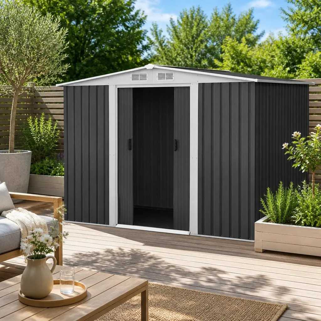 Metal Garden Shed Grey 2.58 x 2.07M Outdoor Storage Workshop Sliding Door