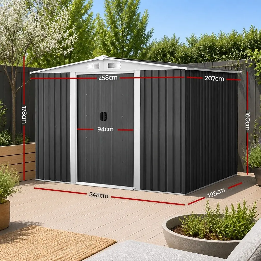 Metal Garden Shed Grey 2.58 x 2.07M Outdoor Storage Workshop Sliding Door