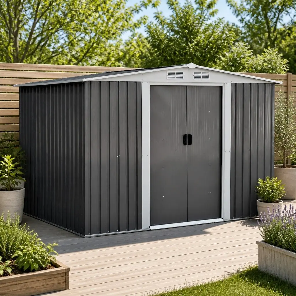 Metal Garden Shed Grey 2.58 x 2.07M Outdoor Storage Workshop Sliding Door