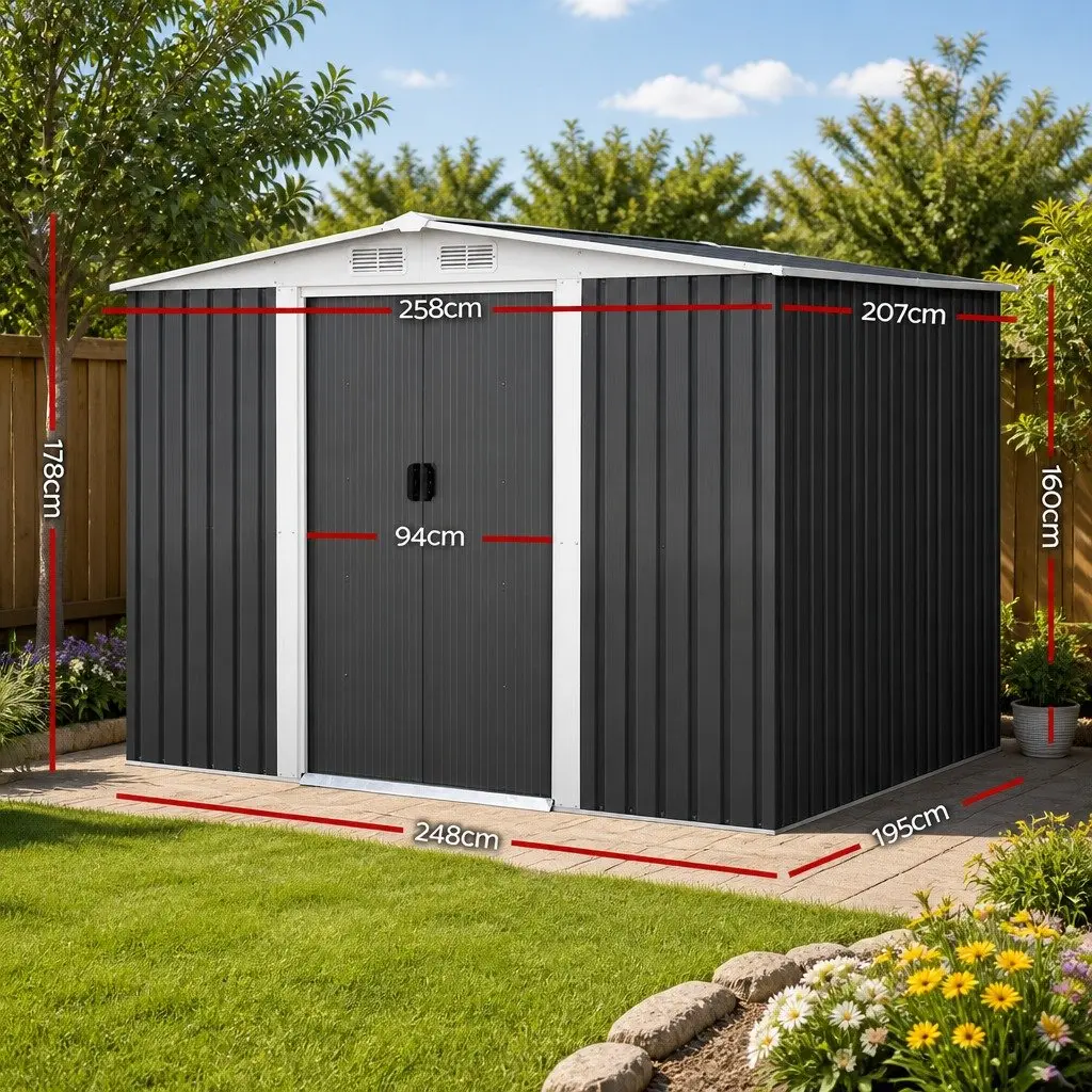 Metal Garden Shed Black 2.58x2.07M Outdoor Storage Double Sliding Door Tool Shed