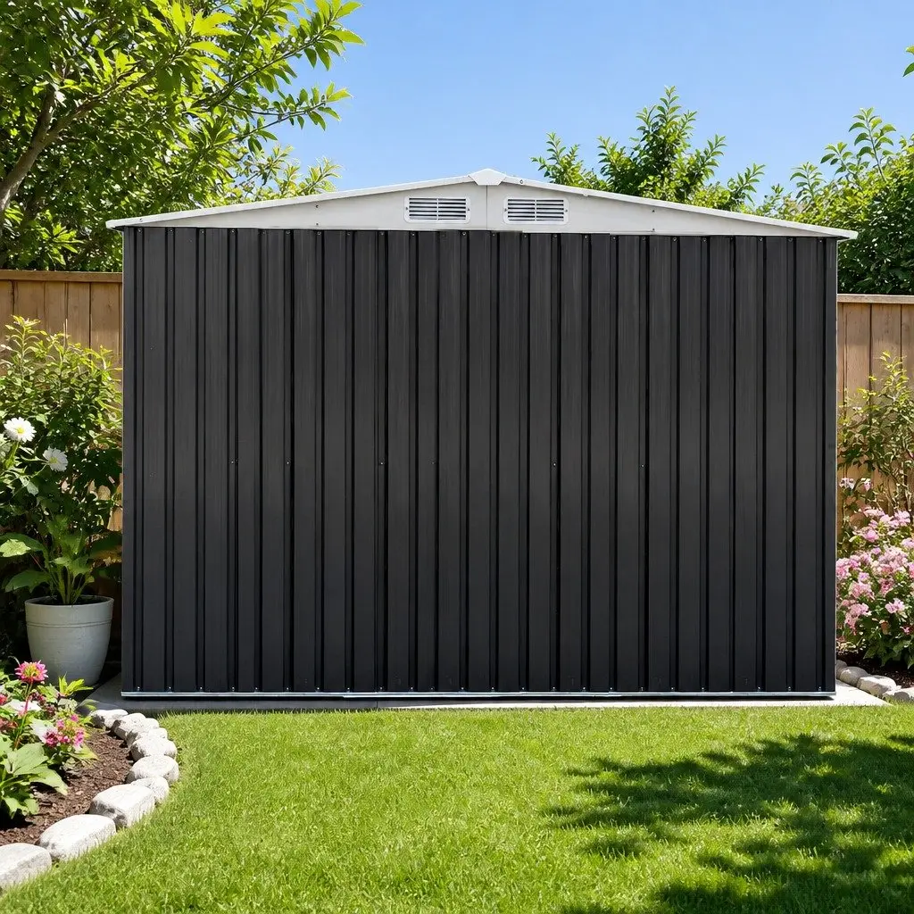 Metal Garden Shed Black 2.58x2.07M Outdoor Storage Double Sliding Door Tool Shed