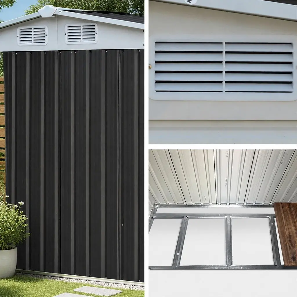 Metal Garden Shed Black 2.58x2.07M Outdoor Storage Double Sliding Door Tool Shed