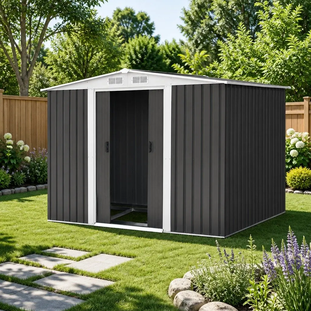 Metal Garden Shed Black 2.58x2.07M Outdoor Storage Double Sliding Door Tool Shed