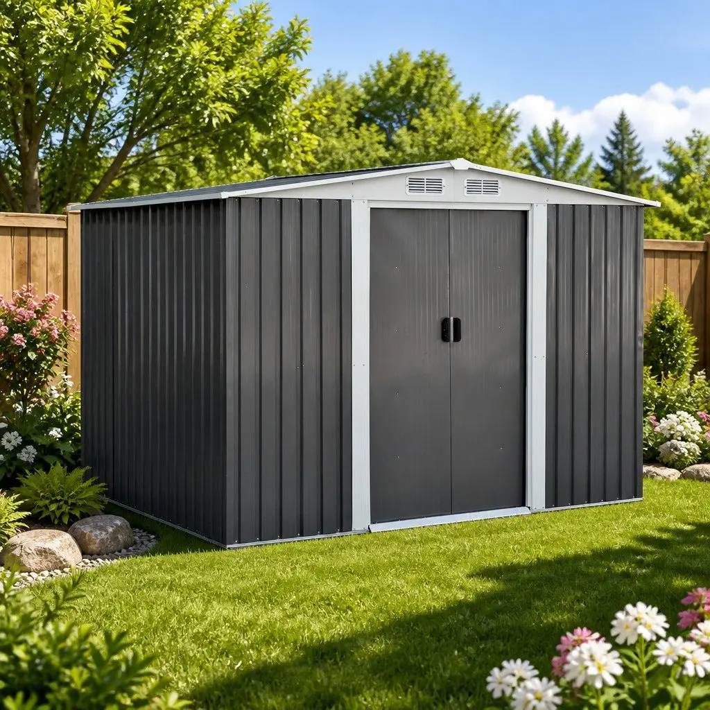 Metal Garden Shed Black 2.58x2.07M Outdoor Storage Double Sliding Door Tool Shed