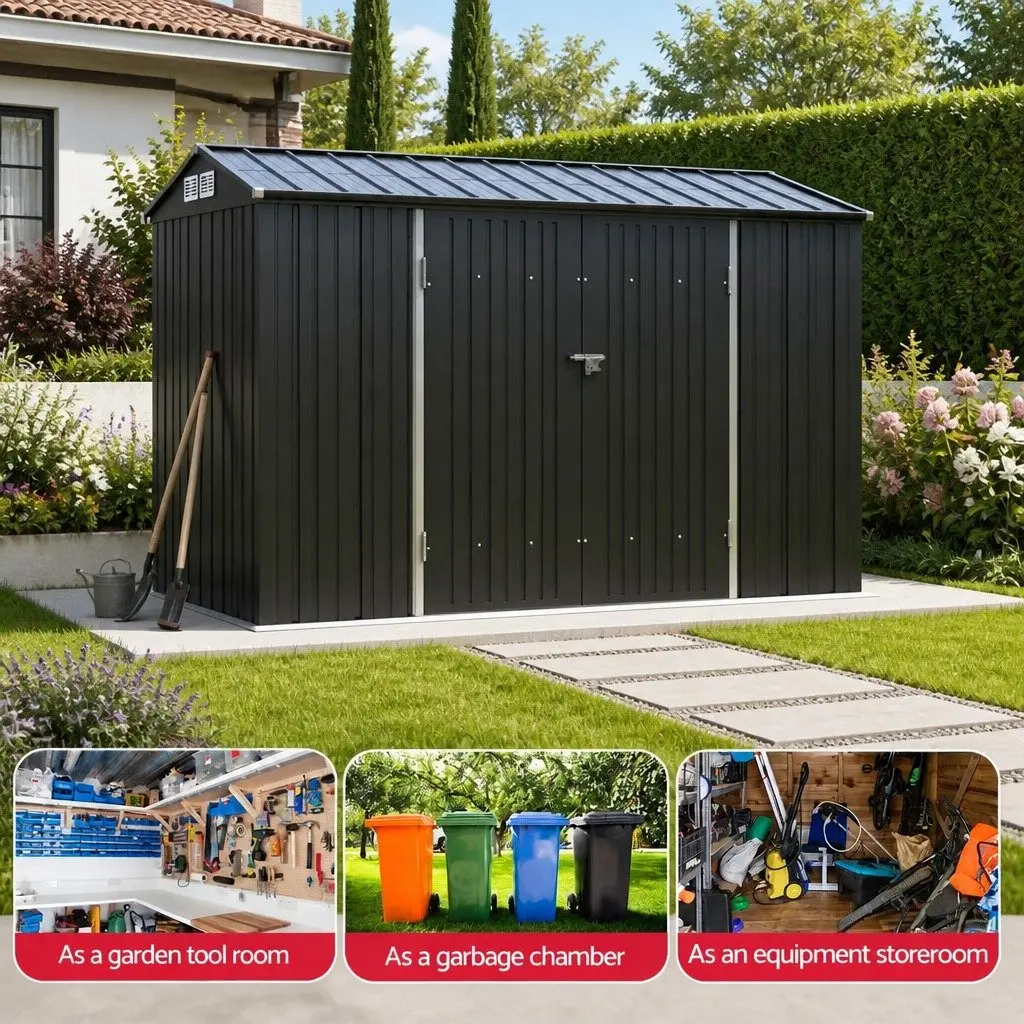 Garden Shed Grey 3x2.18M Lockable Doors Outdoor Storage Workshop Tool House