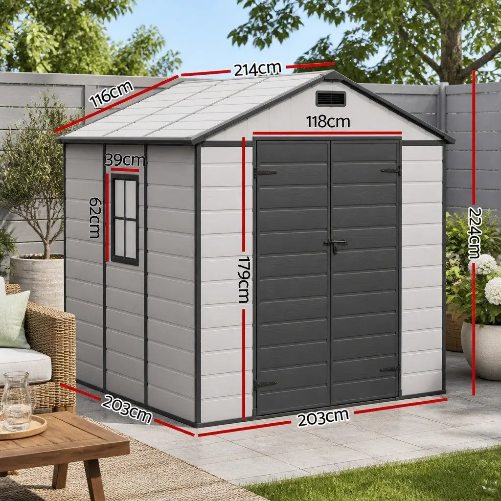 Garden Shed Light Grey 2.15 x 2.14M Gable Roof Steel-Reinforced Frame Double Hinge Doors