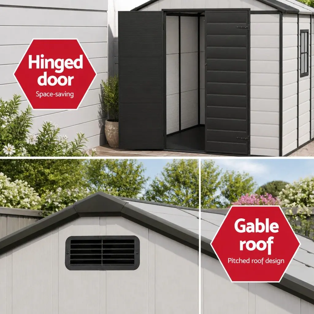 Garden Shed Light Grey 2.15 x 2.14M Gable Roof Steel-Reinforced Frame Double Hinge Doors