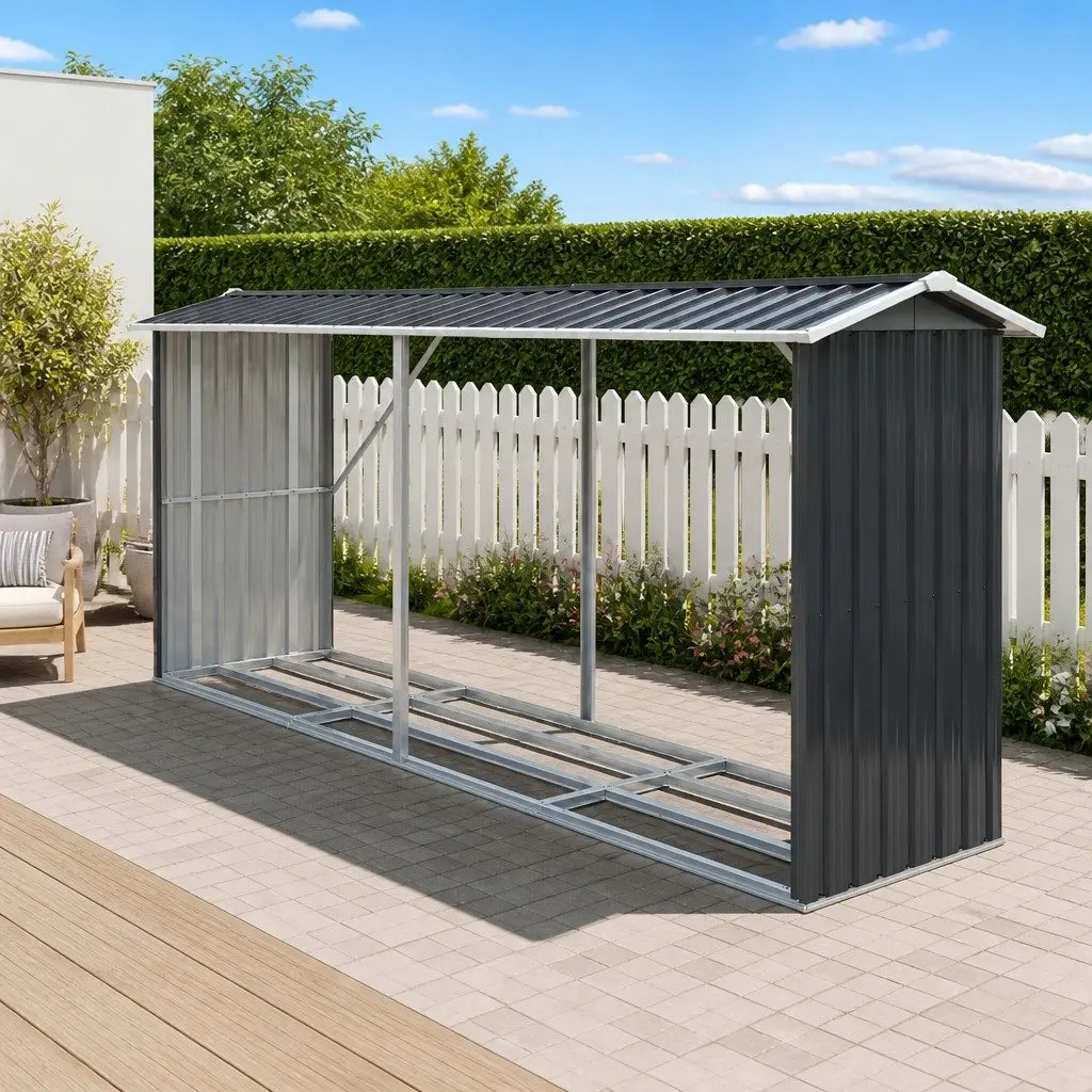 Firewood Storage Shed Grey 334.5CM Outdoor Log Rack Galvanised Steel Construction