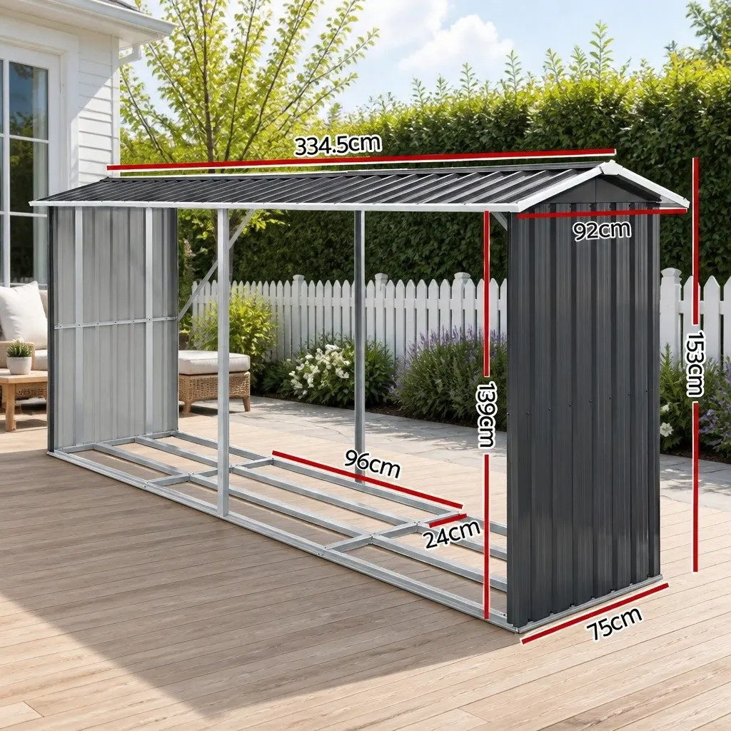 Firewood Storage Shed Grey 334.5CM Outdoor Log Rack Galvanised Steel Construction