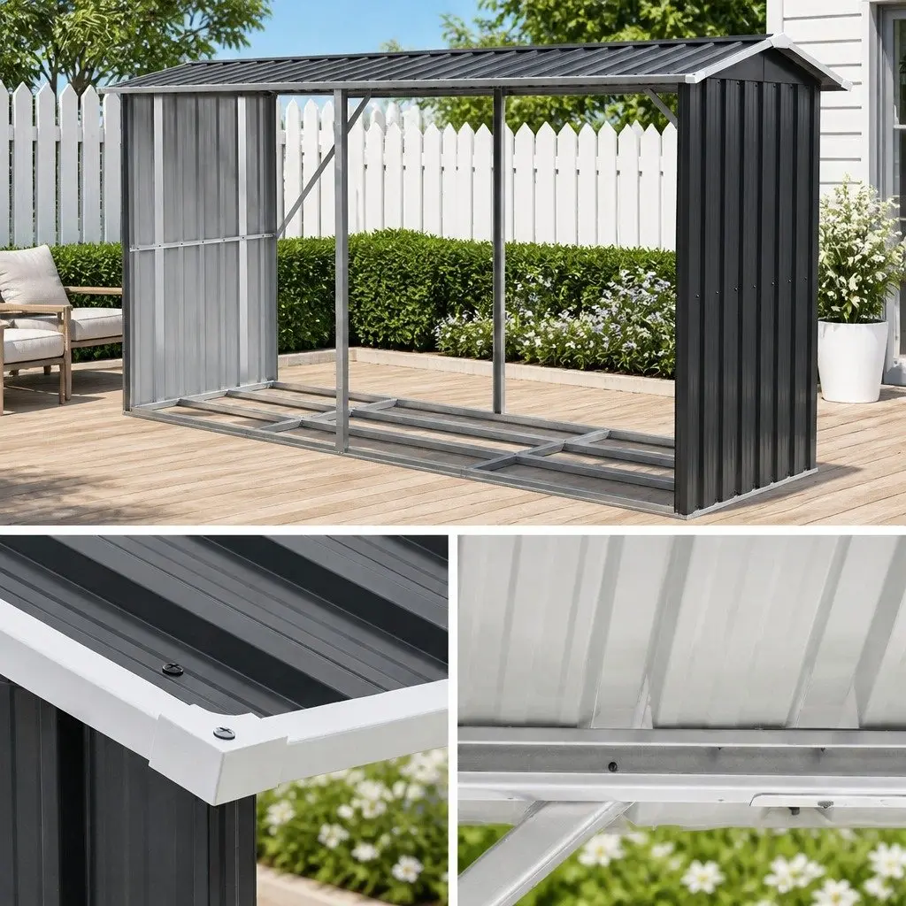 Firewood Storage Shed Grey 334.5CM Outdoor Log Rack Galvanised Steel Construction