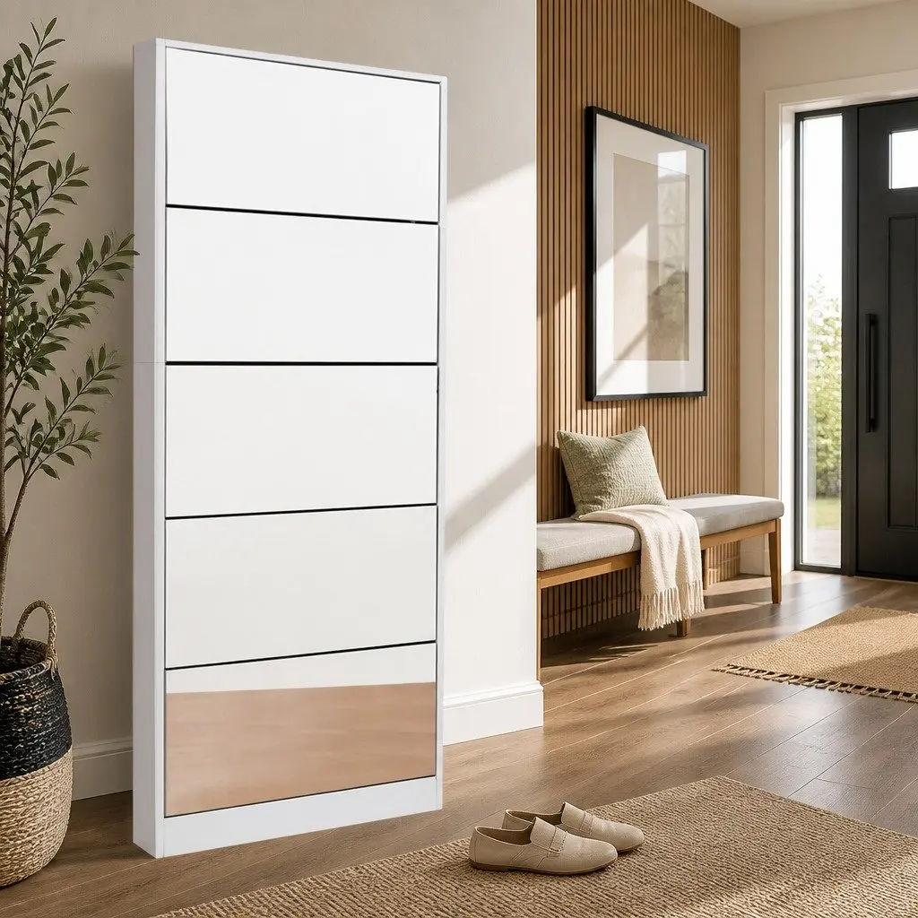 Shoe Storage Cabinet White 5 Compartment Full-Length Mirror