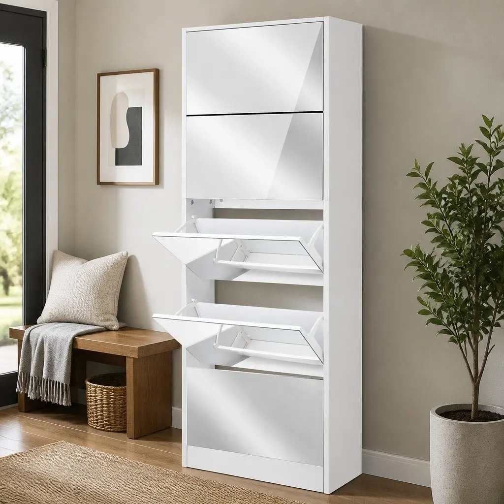 Shoe Storage Cabinet White 5 Compartment Full-Length Mirror