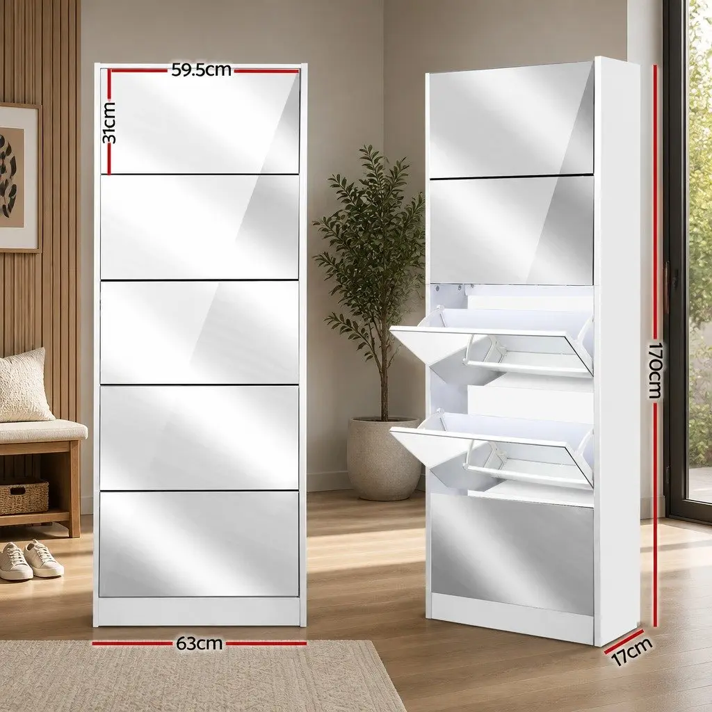 Shoe Storage Cabinet White 5 Compartment Full-Length Mirror