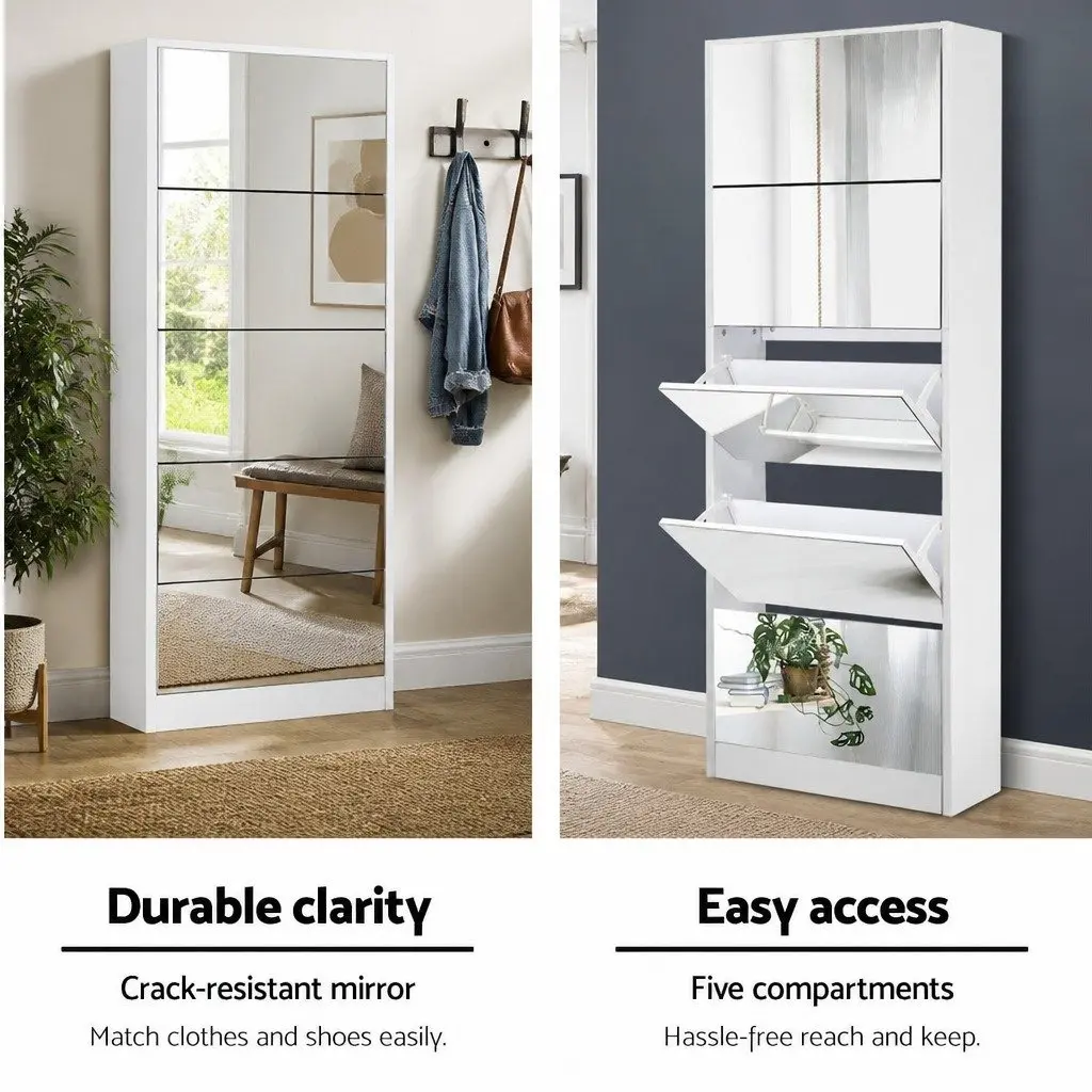 Shoe Storage Cabinet White 5 Compartment Full-Length Mirror