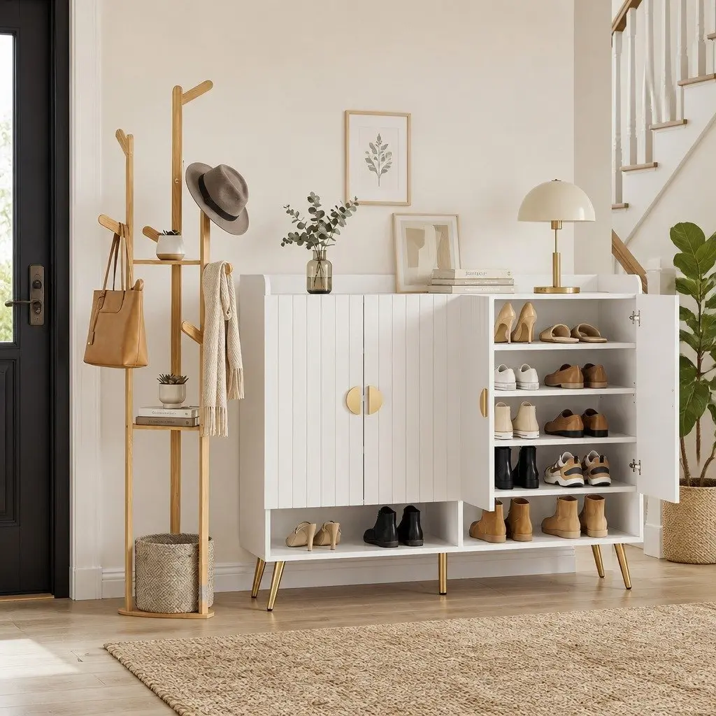 Shoe Rack Cabinet and Clothes Rack Combo